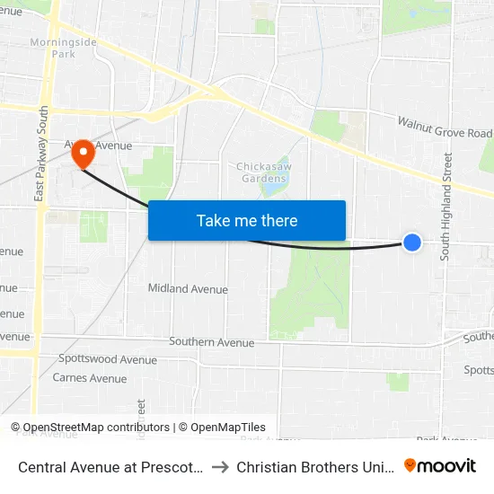 Central Avenue at Prescott Street to Christian Brothers University map
