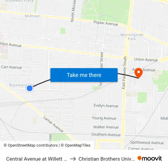 Central Avenue at Willett Street to Christian Brothers University map
