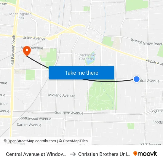 Central Avenue at Windover Road to Christian Brothers University map