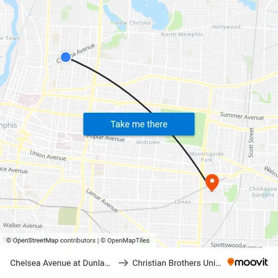 Chelsea Avenue at Dunlap Street to Christian Brothers University map