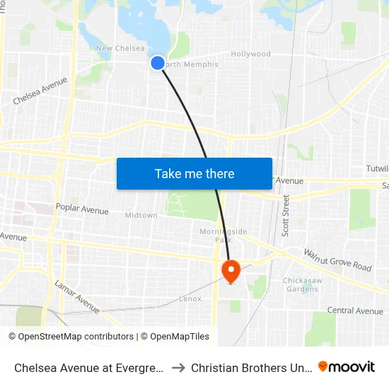 Chelsea Avenue at Evergreen Street to Christian Brothers University map