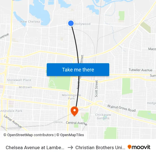 Chelsea Avenue at Lambert Street to Christian Brothers University map