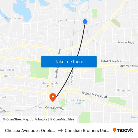 Chelsea Avenue at Oriole Street to Christian Brothers University map