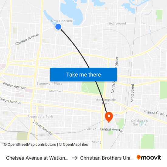 Chelsea Avenue at Watkins Street to Christian Brothers University map