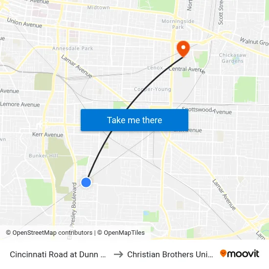 Cincinnati Road at Dunn Avenue to Christian Brothers University map