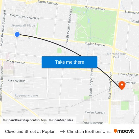 Cleveland Street at Poplar Avenue to Christian Brothers University map