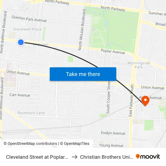 Cleveland Street at Poplar Avenue to Christian Brothers University map