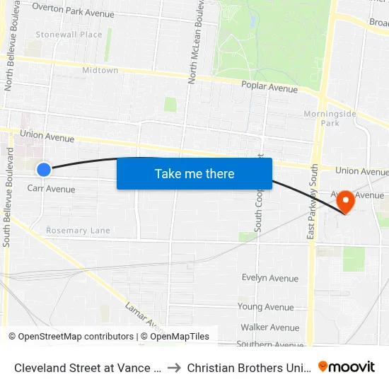 Cleveland Street at Vance Avenue to Christian Brothers University map