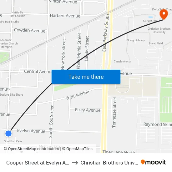 Cooper Street at Evelyn Avenue to Christian Brothers University map