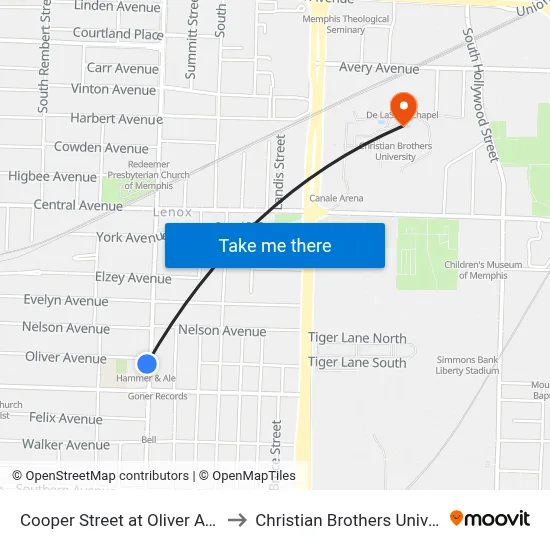 Cooper Street at Oliver Avenue to Christian Brothers University map