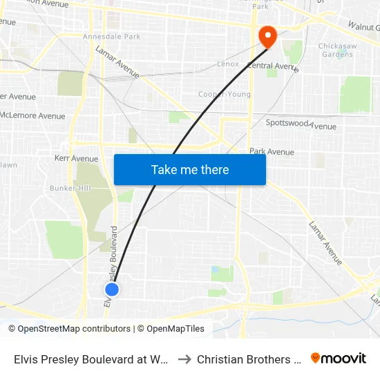 Elvis Presley Boulevard at Whitmore Road to Christian Brothers University map