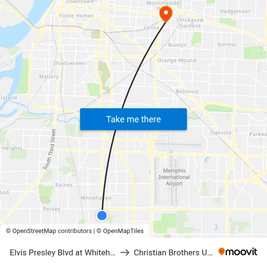 Elvis Presley Blvd at Whitehaven Lane to Christian Brothers University map