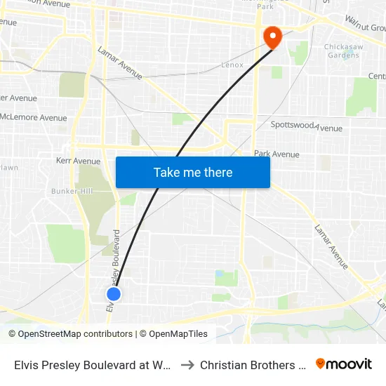 Elvis Presley Boulevard at Whitmore Road to Christian Brothers University map