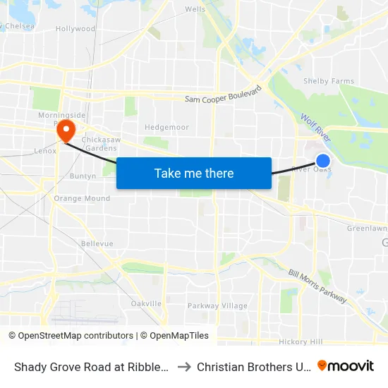 Shady Grove Road at Ribblebrook Road to Christian Brothers University map