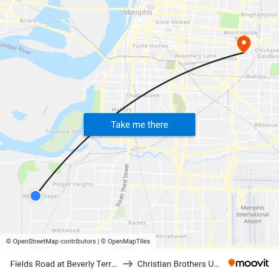 Fields Road at Beverly Terrace Drive to Christian Brothers University map