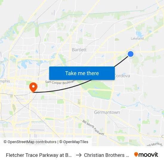 Fletcher Trace Parkway at Berryhill Road to Christian Brothers University map