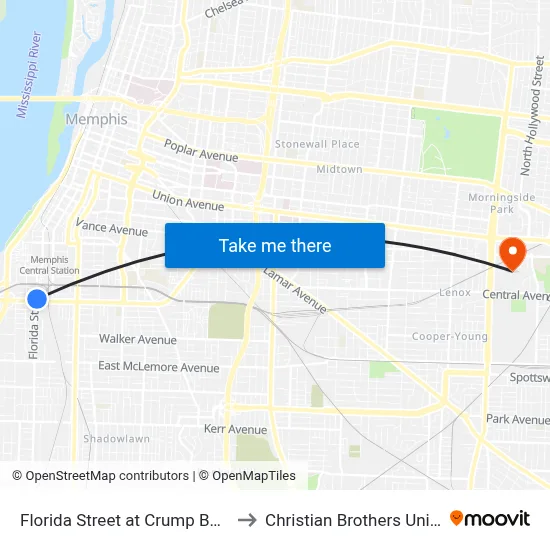 Florida Street at Crump Boulevard to Christian Brothers University map
