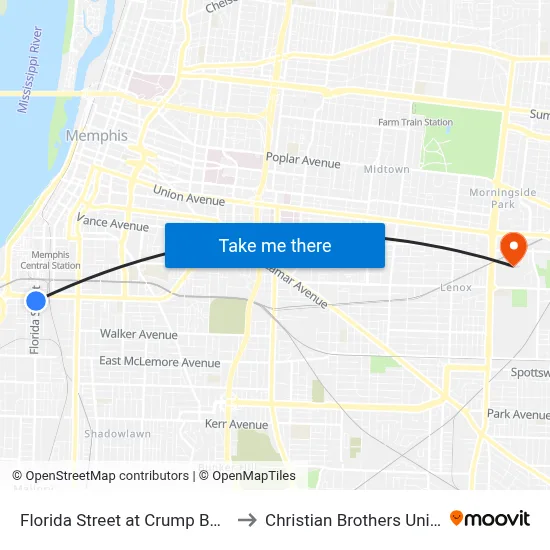 Florida Street at Crump Boulevard to Christian Brothers University map
