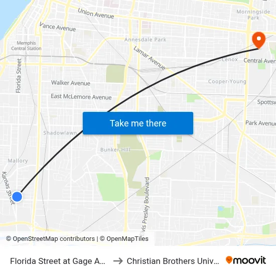 Florida Street at Gage Avenue to Christian Brothers University map