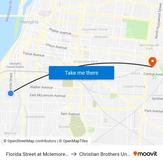 Florida Street at Mclemore Avenue to Christian Brothers University map