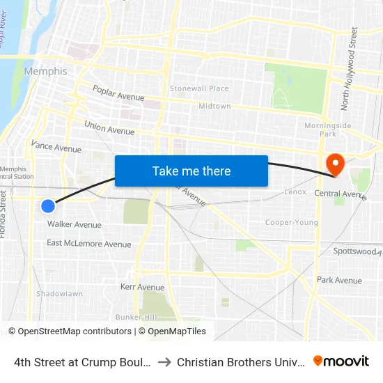 4th Street at Crump Boulevard to Christian Brothers University map