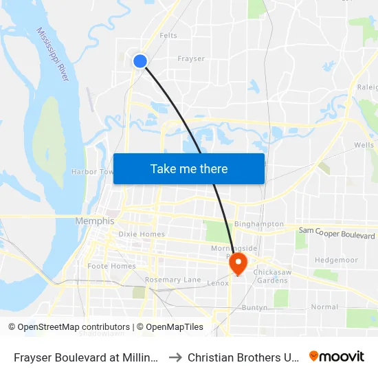 Frayser Boulevard at Millington Road to Christian Brothers University map
