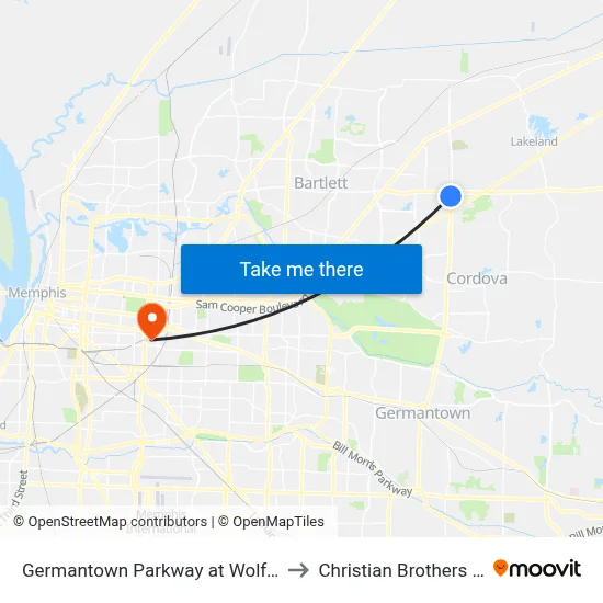 Germantown Parkway at Wolfcreek Parkway to Christian Brothers University map