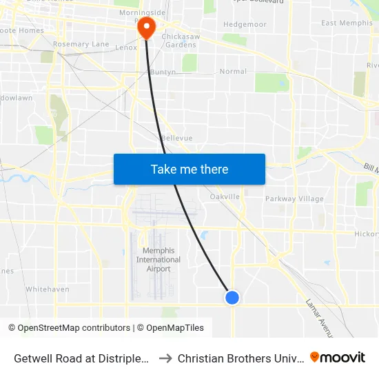 Getwell Road at Distriplex Drive to Christian Brothers University map