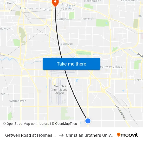 Getwell Road at Holmes Road to Christian Brothers University map
