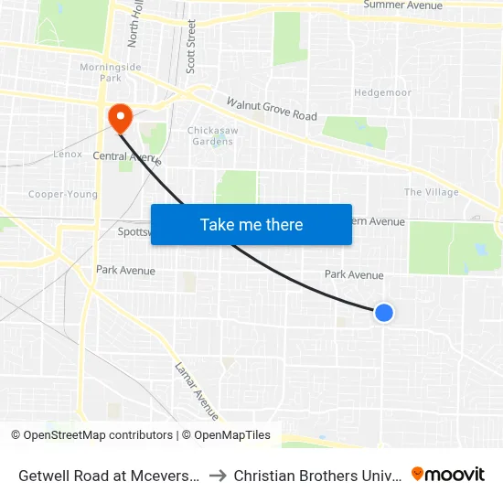 Getwell Road at Mcevers Road to Christian Brothers University map
