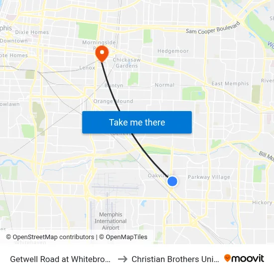 Getwell Road at Whitebrook Drive to Christian Brothers University map
