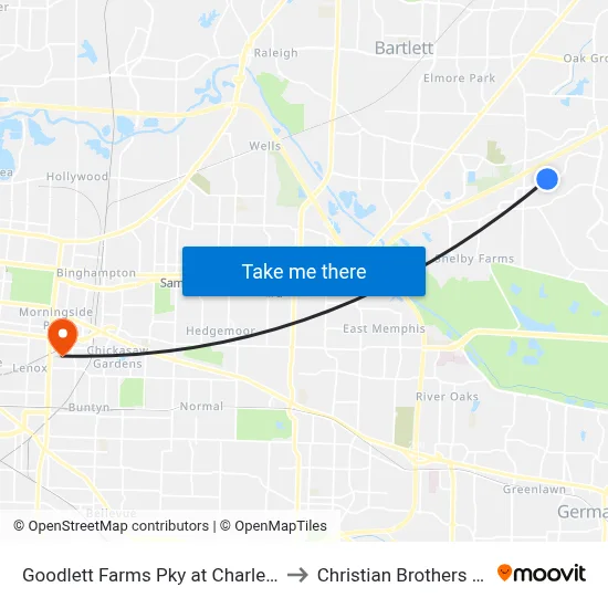 Goodlett Farms Pky at Charles Bryan Road to Christian Brothers University map