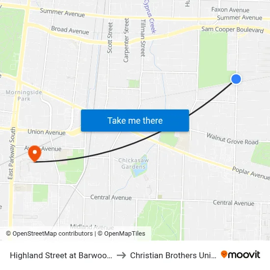 Highland Street at Barwood Circle to Christian Brothers University map