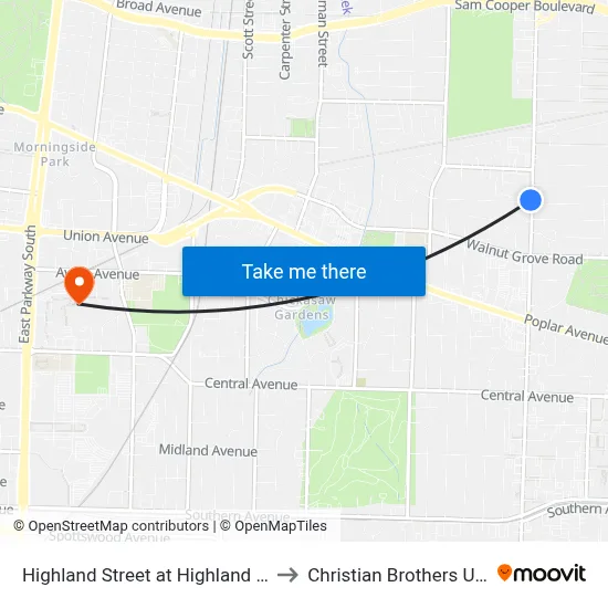 Highland Street at Highland Park Place to Christian Brothers University map