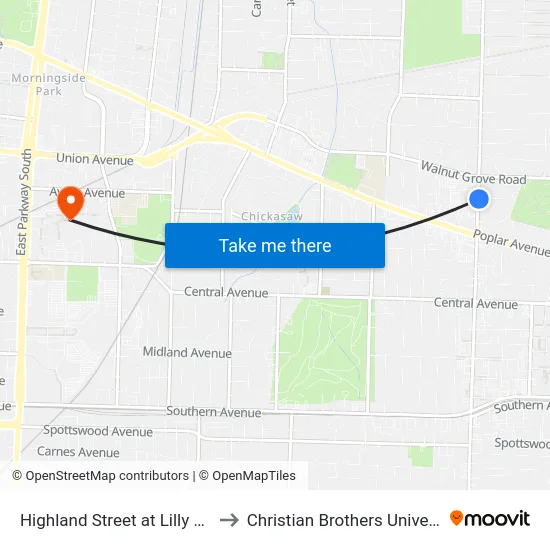 Highland Street at Lilly Lane to Christian Brothers University map
