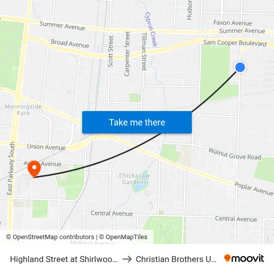 Highland Street at Shirlwood Avenue to Christian Brothers University map