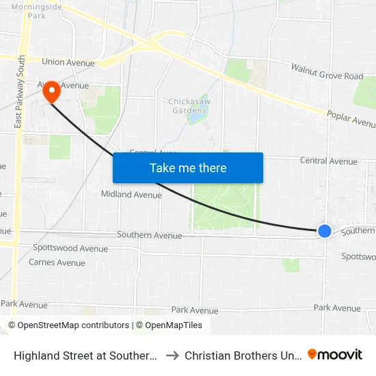 Highland Street at Southern Avenue to Christian Brothers University map