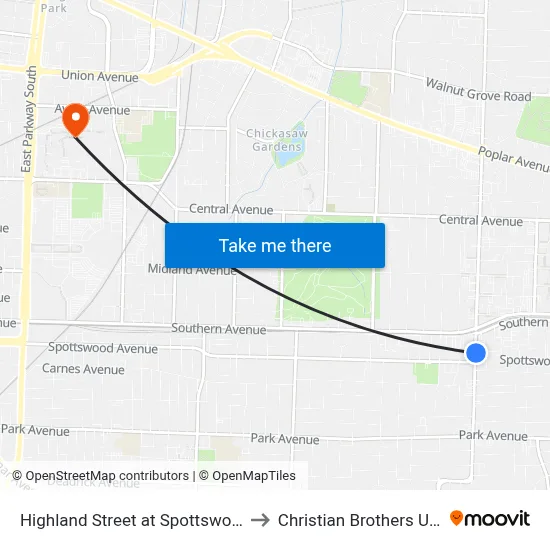 Highland Street at Spottswood Avenue to Christian Brothers University map