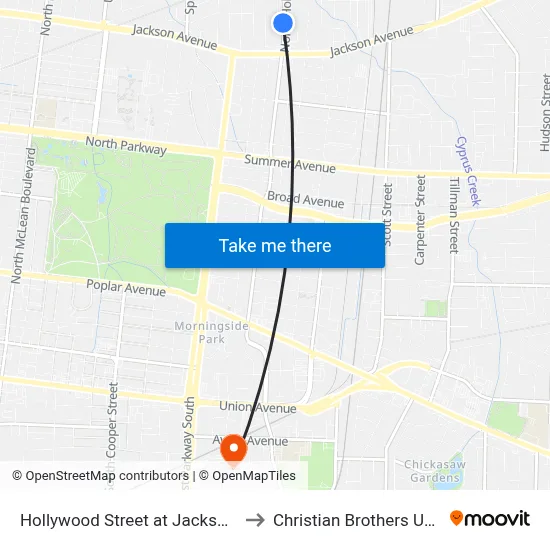 Hollywood Street at Jackson Avenue to Christian Brothers University map