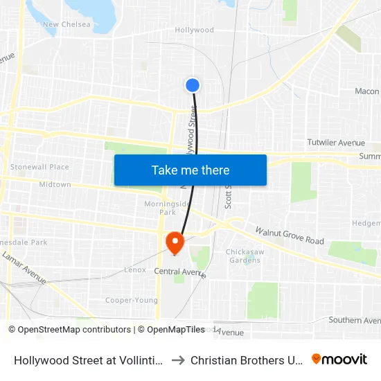 Hollywood Street at Vollintine Avenue to Christian Brothers University map