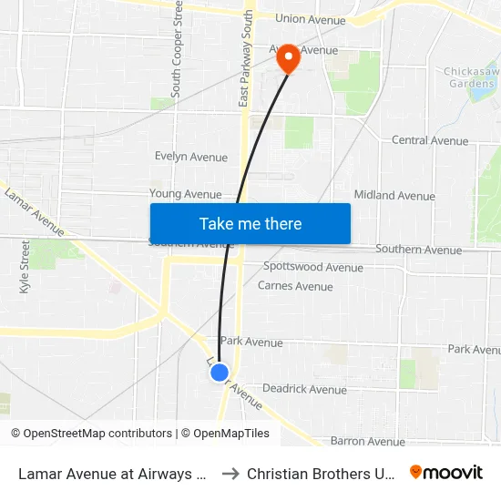 Lamar Avenue at Airways Boulevard to Christian Brothers University map