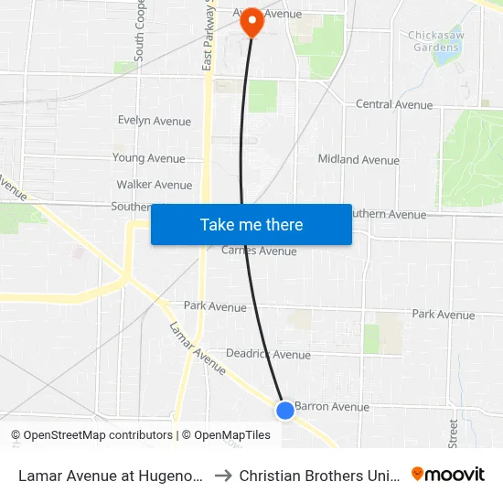 Lamar Avenue at Hugenot Street to Christian Brothers University map
