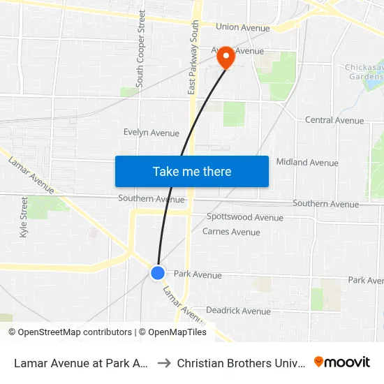 Lamar Avenue at Park Avenue to Christian Brothers University map