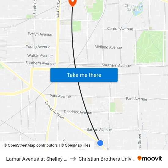 Lamar Avenue at Shelley Street to Christian Brothers University map
