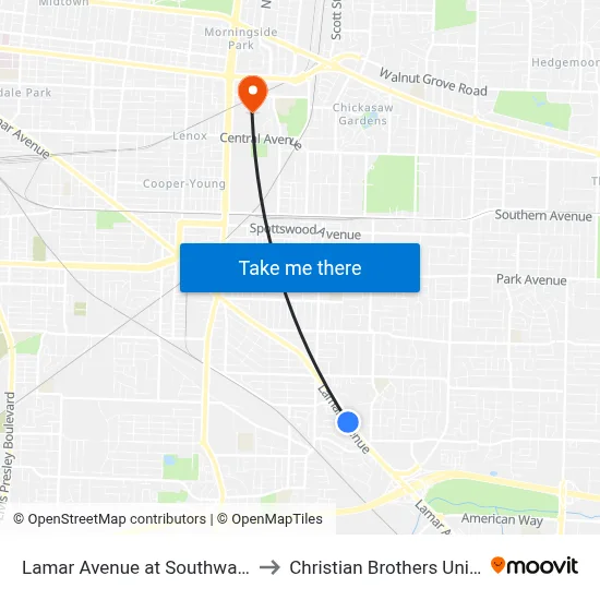 Lamar Avenue at Southwall Street to Christian Brothers University map