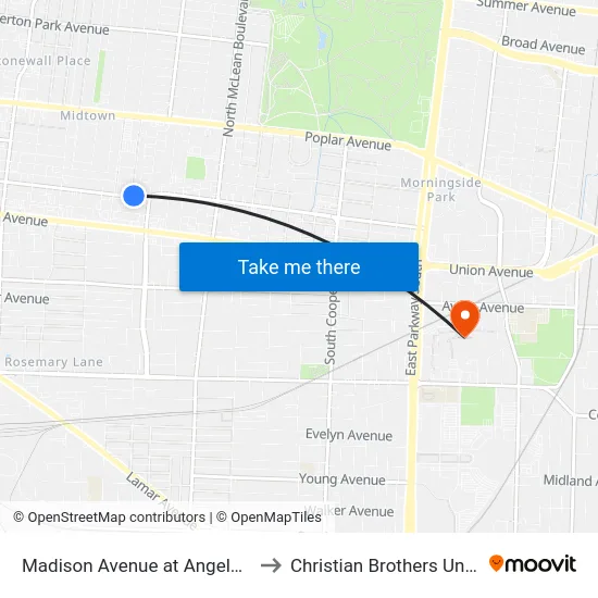 Madison Avenue at Angelus Street to Christian Brothers University map
