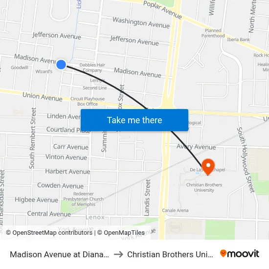 Madison Avenue at Diana Street to Christian Brothers University map