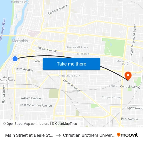 Main Street at Beale Street to Christian Brothers University map