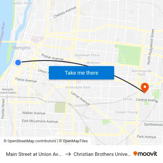 Main Street at Union Avenue to Christian Brothers University map