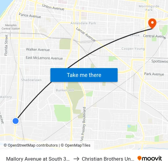 Mallory Avenue at South 3rd Street to Christian Brothers University map